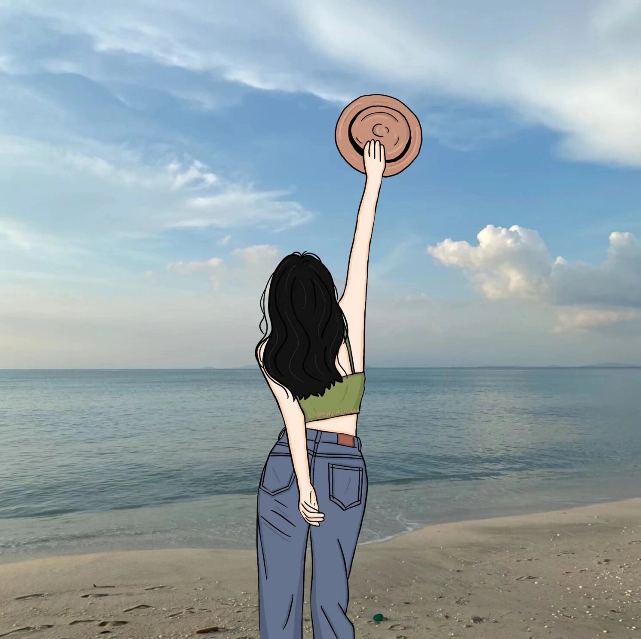 插画头像|拿草帽海边背影女生头 早上好,周末好天气7715 今天的