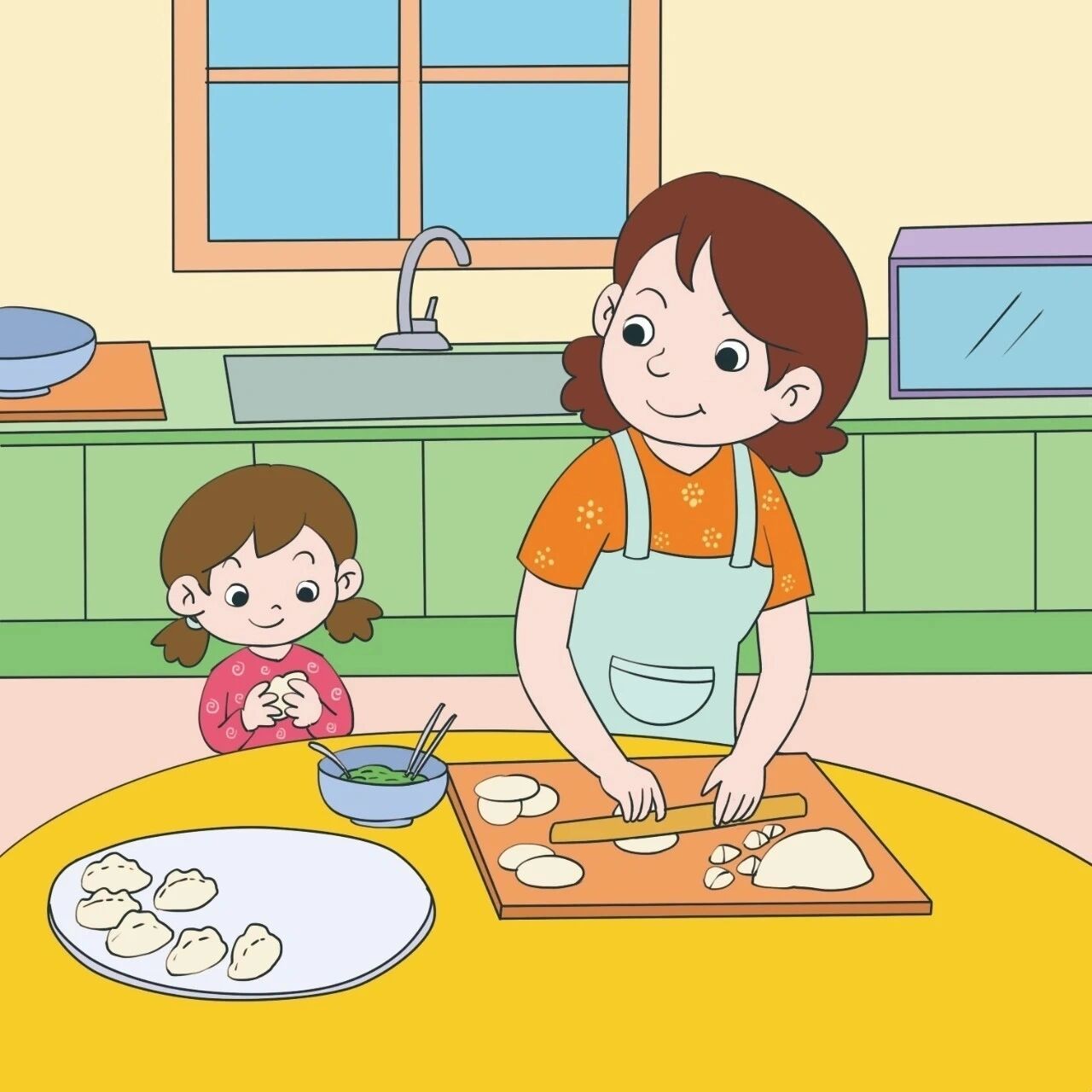 看图写话 包饺子 星期六上午,小丽和妈妈在家里包饺子
