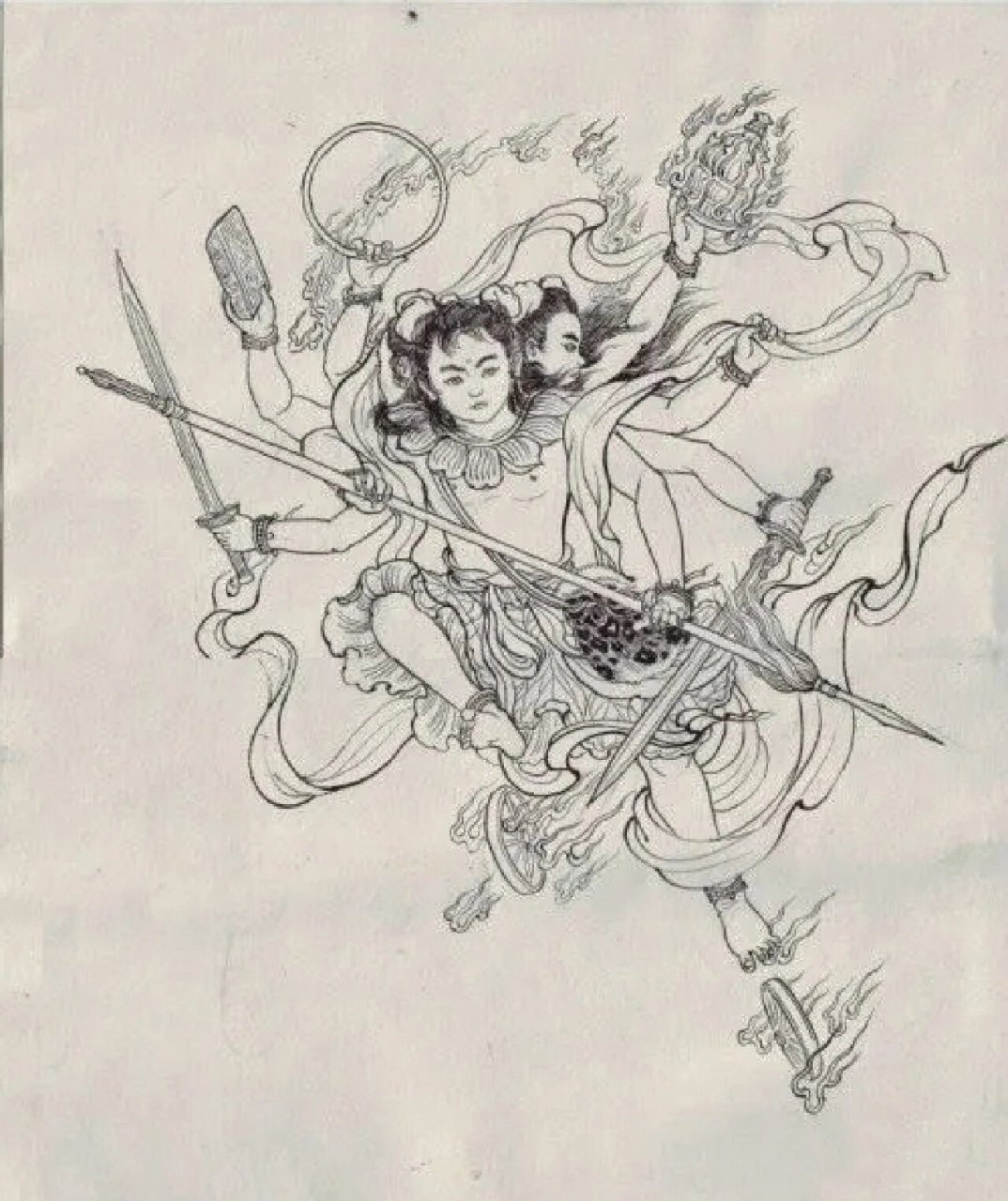 哪吒 关于哪吒的神话故事有:割骨还肉,莲花筑身,三头六臂.