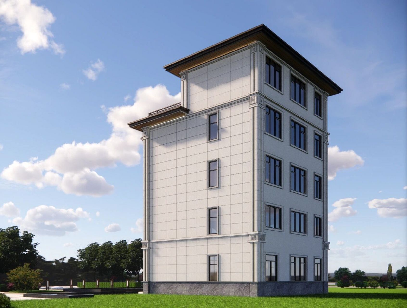 五层自建房新中式外墙喷砂效果图设计 新中式 坚持传统又兼顾现代美感