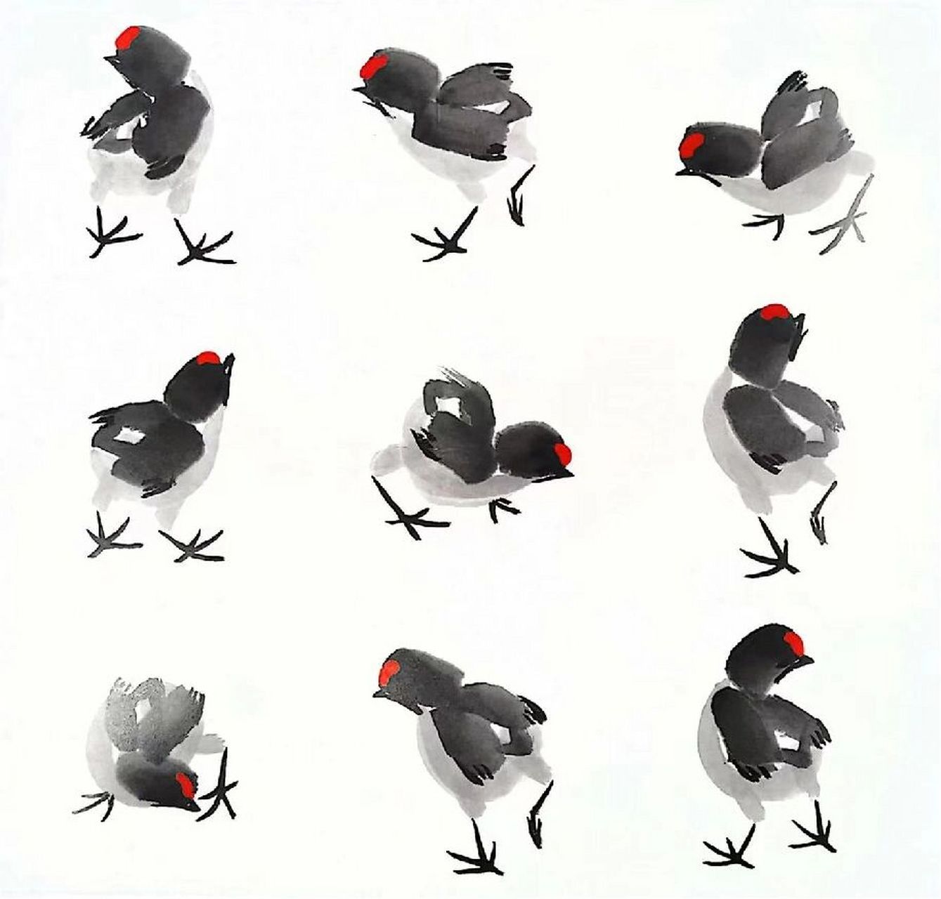 国画《小鸡》画法 小鸡的画法: 1.一笔点出头部.