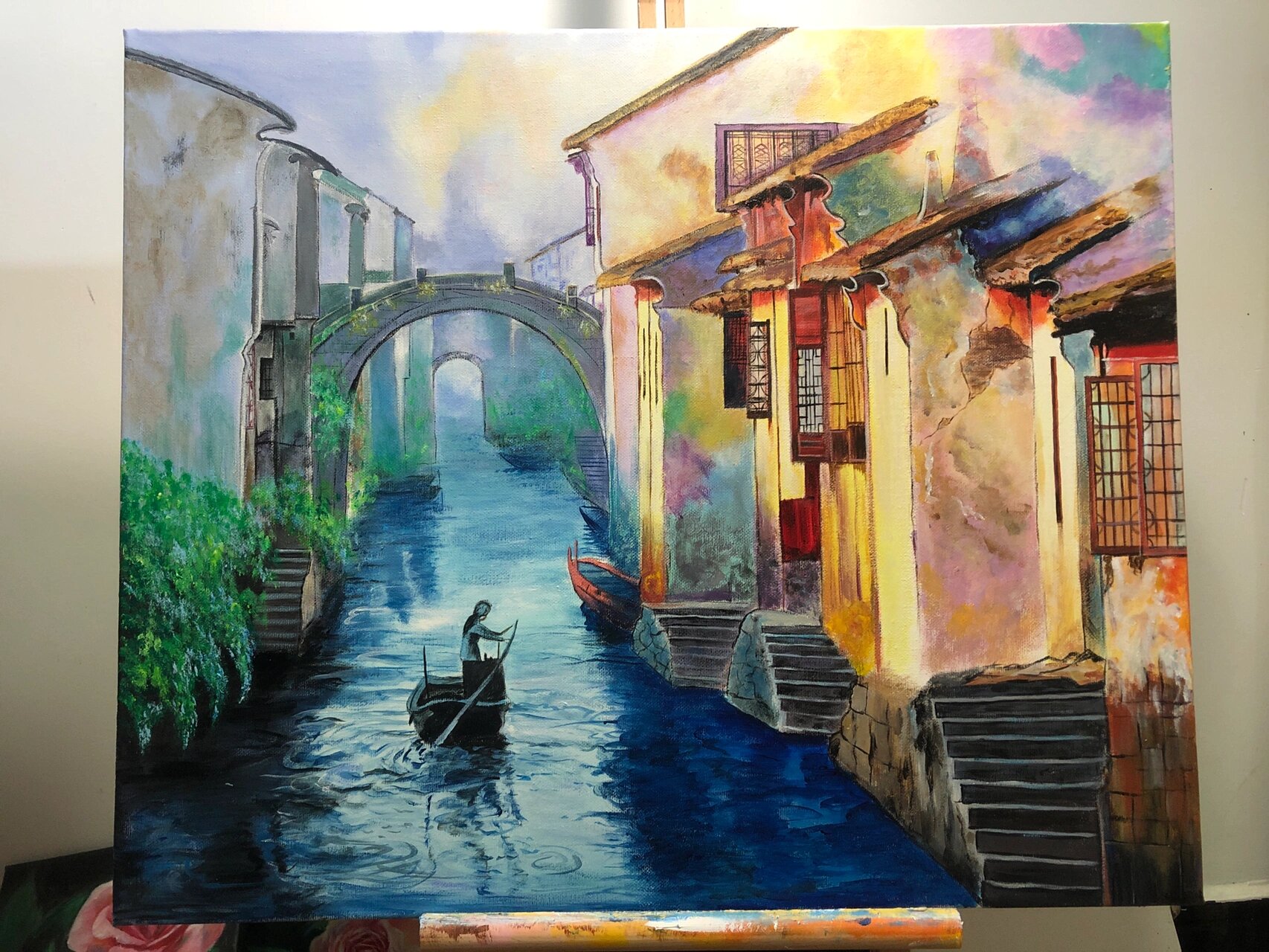 丙烯画丨天青色等烟雨,江南在等你 作品:《江南水乡》 尺寸:50*60 第