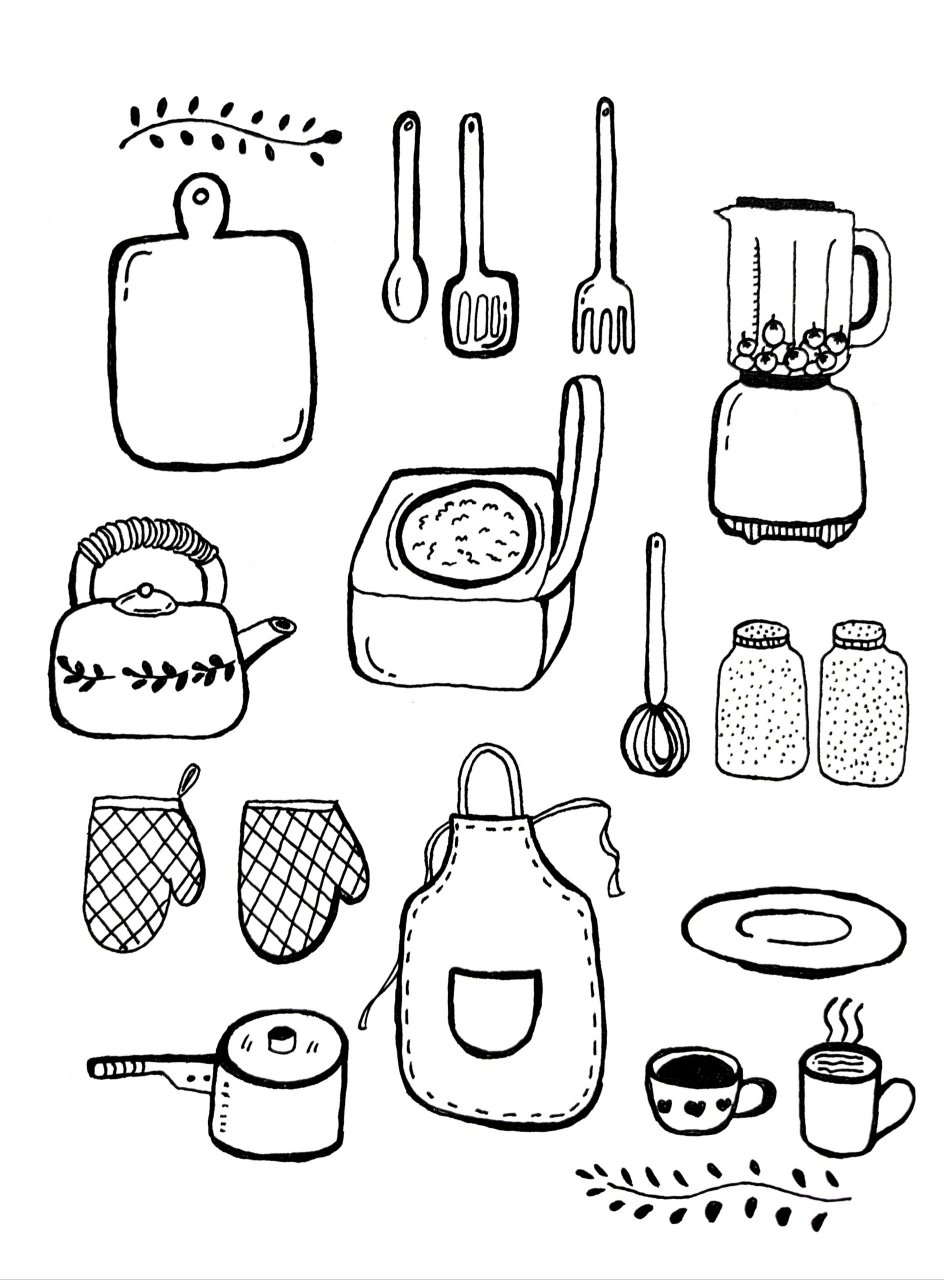 厨房里的小物件简笔 画一些厨房里的小物件,水壶,破壁机,茶杯,盘子