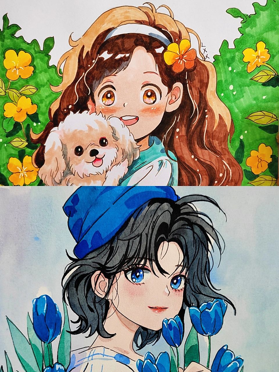 简单儿童动漫人物头像手绘/有线稿 一张是水彩画的,一张是马克笔画的