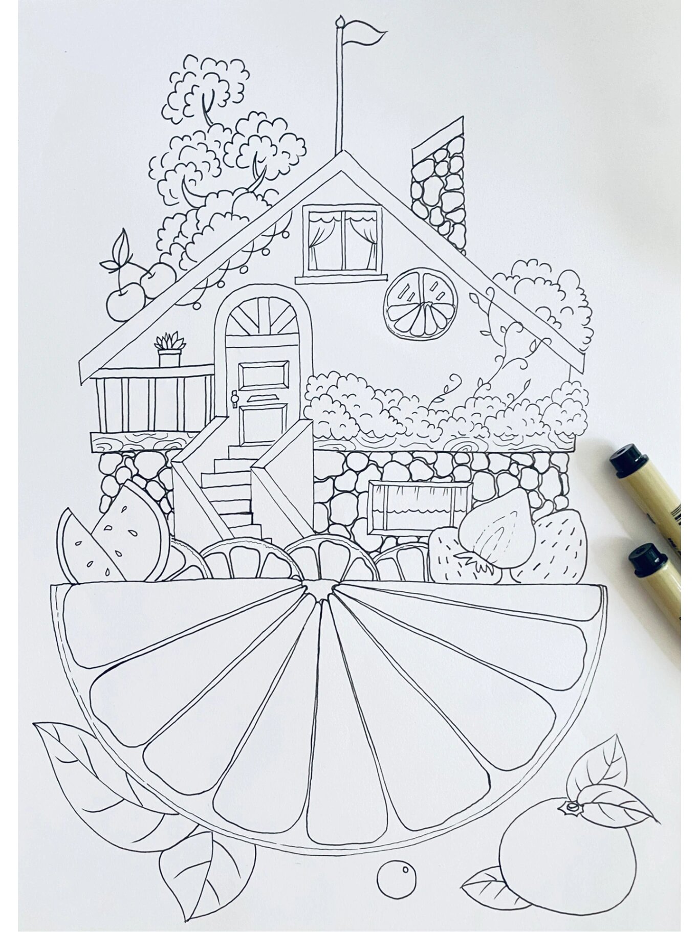 水果房子—橙子小屋(附线稿)创意儿童插画