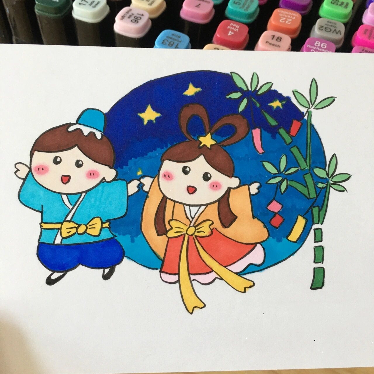 马克笔手绘牛郎织女|七夕只想和你在一起92 : 看见你那一刻 感觉像