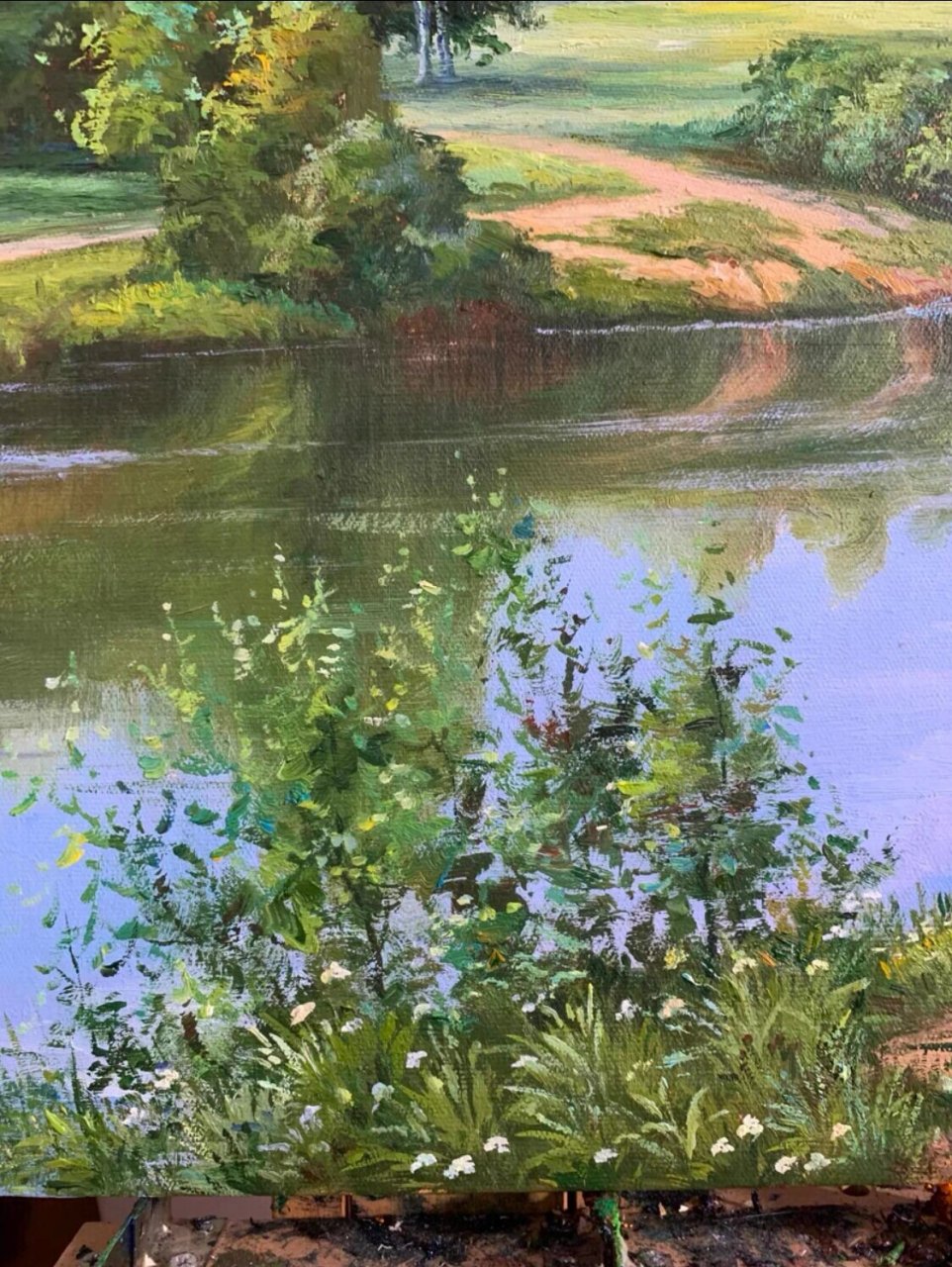 纯手绘油画,河边风景油画60×90厘米,可定制油画,纯手工画的,拍了绘画