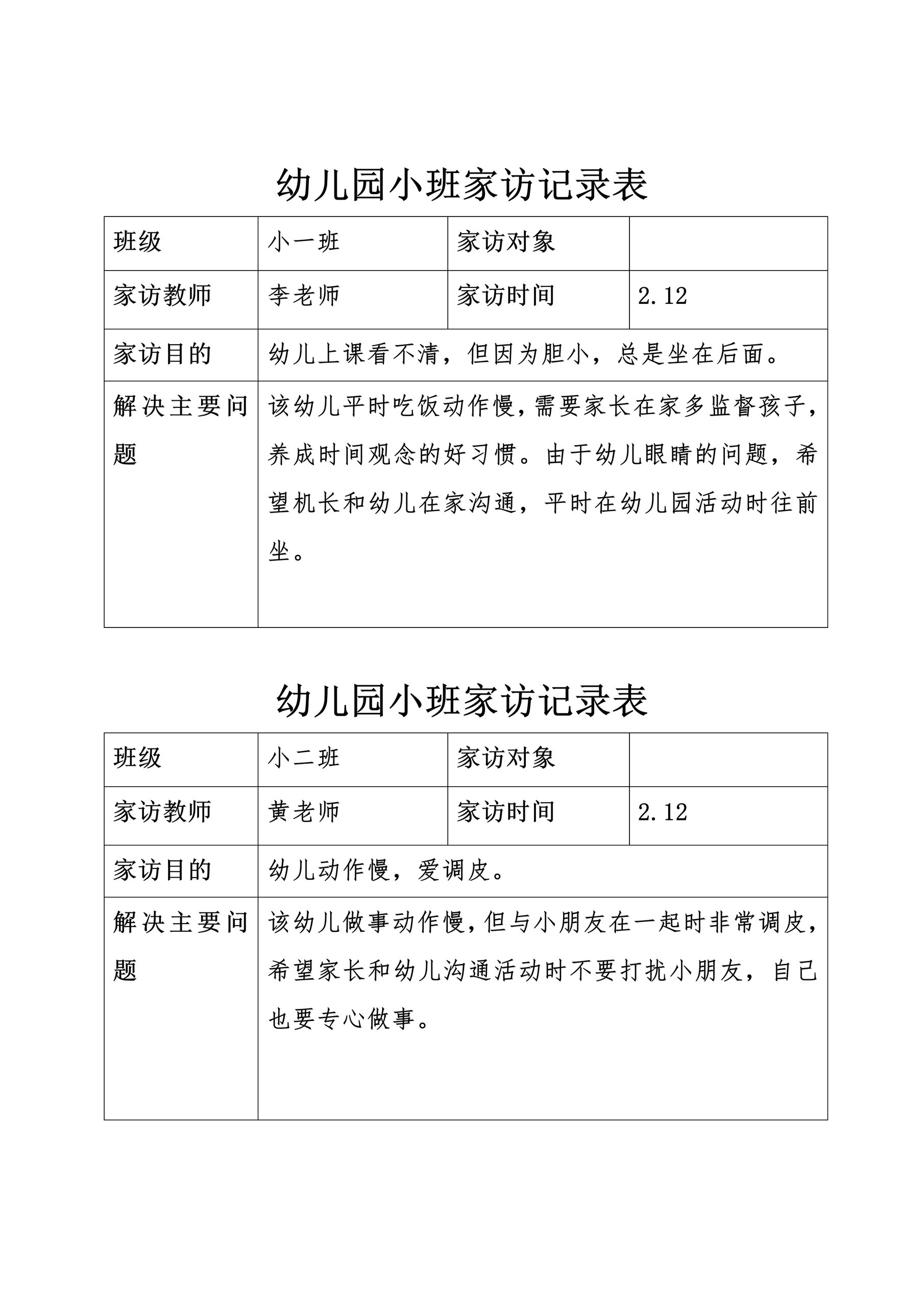 幼儿园大中小班家访记录表50篇