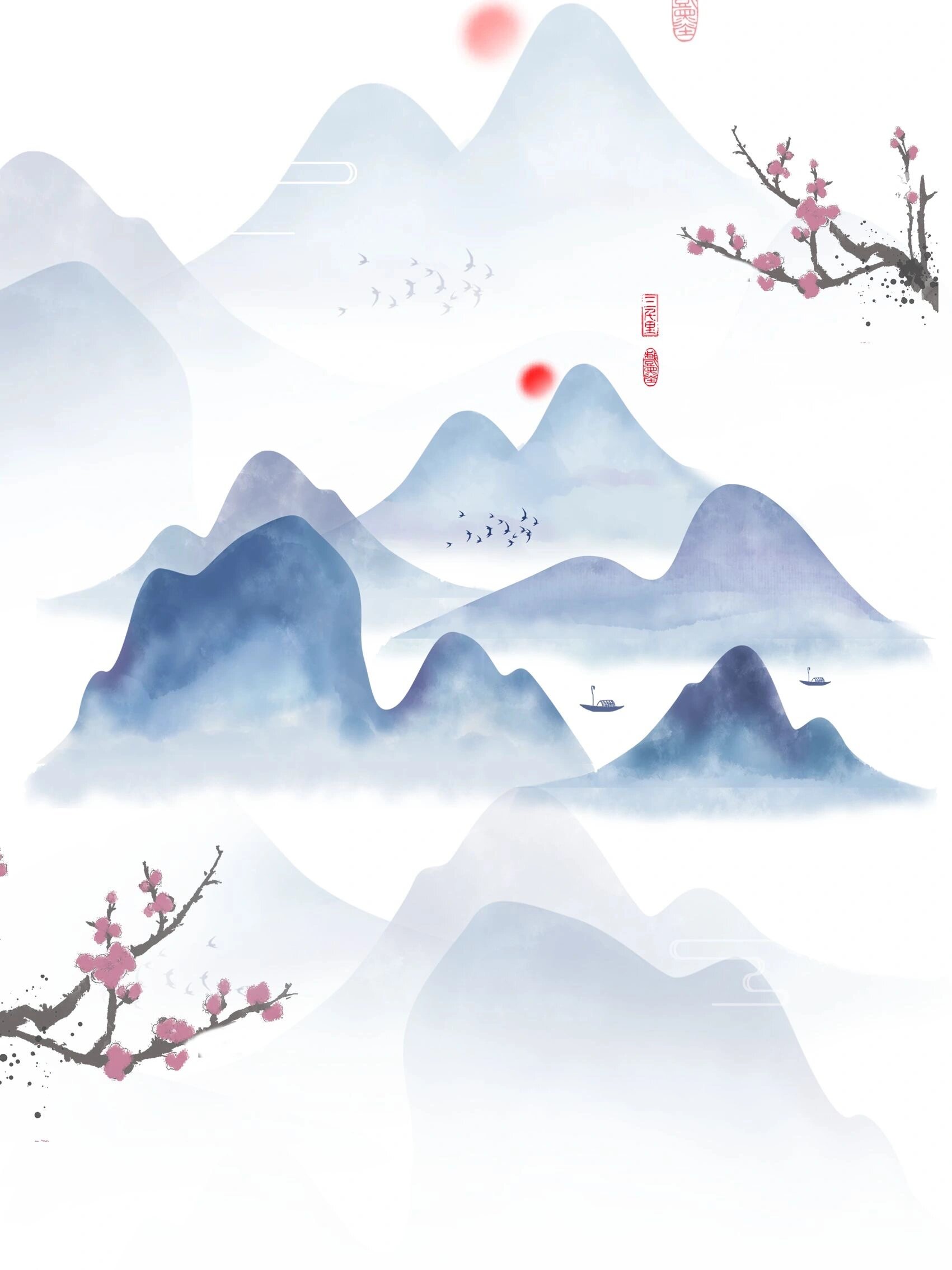 素材分享|国风古典水墨蓝山水7215海报背景图73