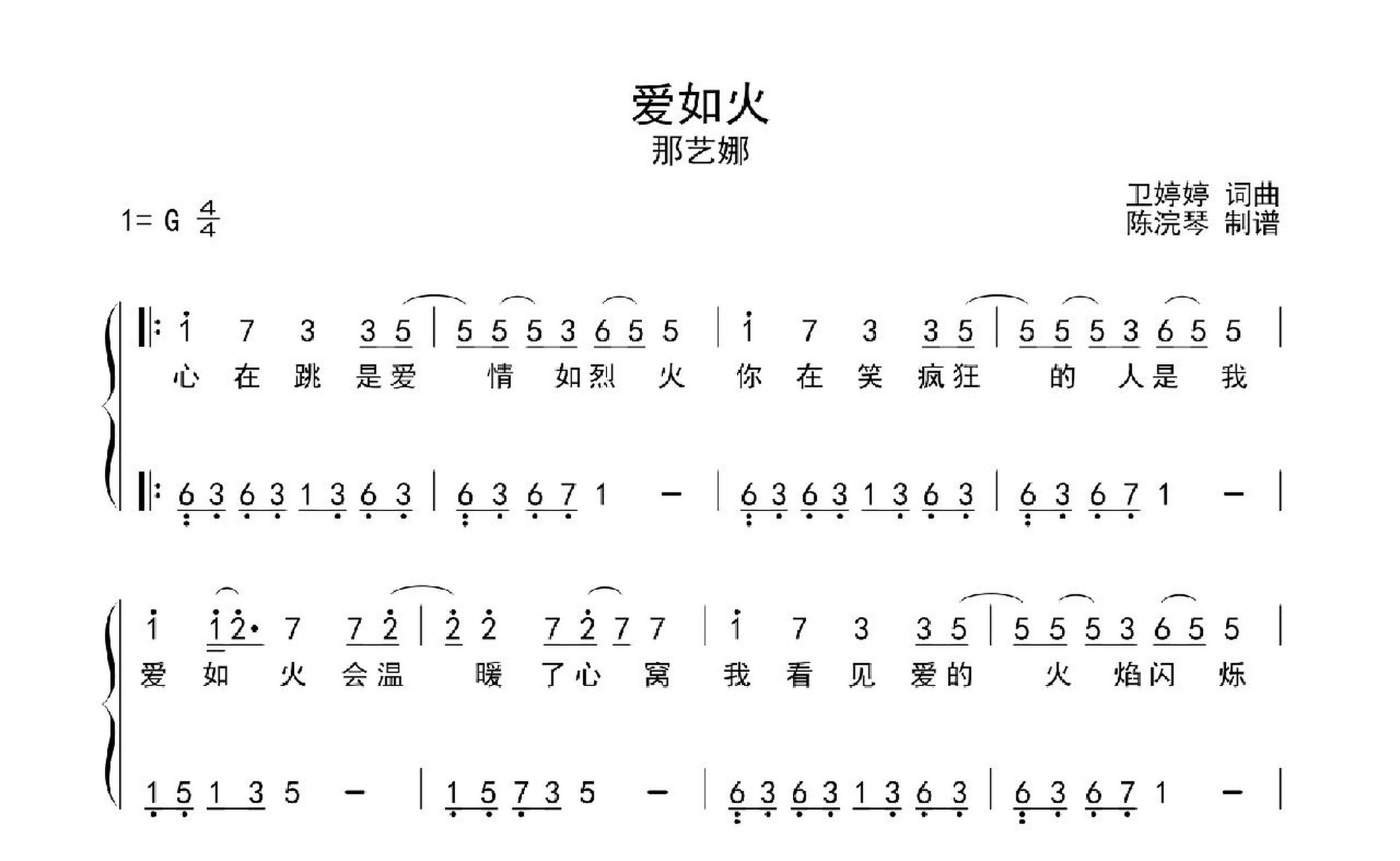 爱如火钢琴谱_钢琴简谱_那艺娜      完整版谱子私我哦