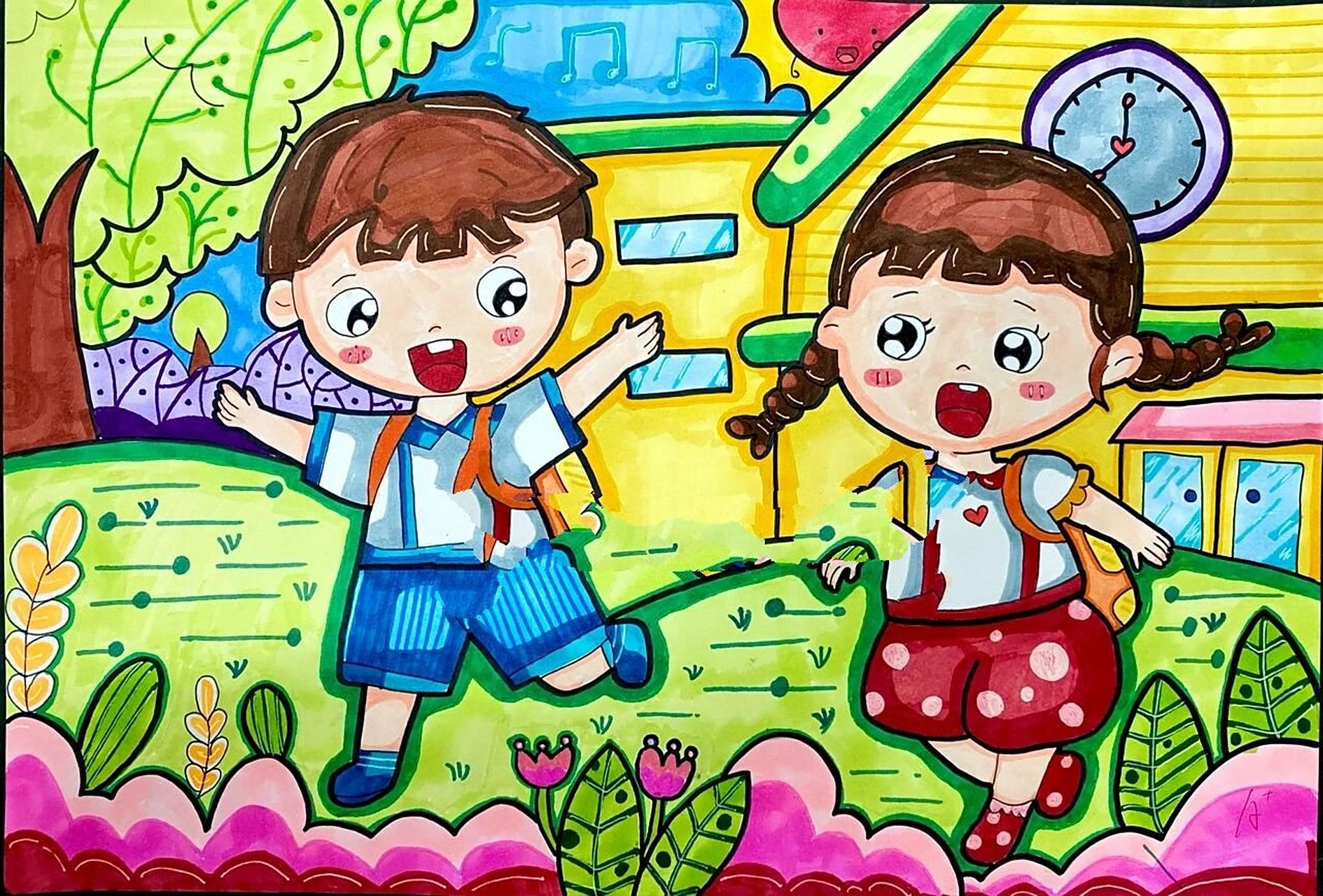 上学路上主题画|儿童简笔画 上学路上主题画,儿童简笔画.