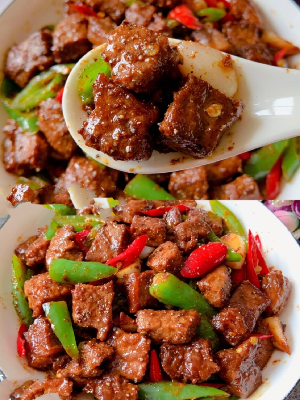 91鲜嫩多汁75今天做了双椒炒牛肉,牛肉用的原切牛排,搭配青红椒