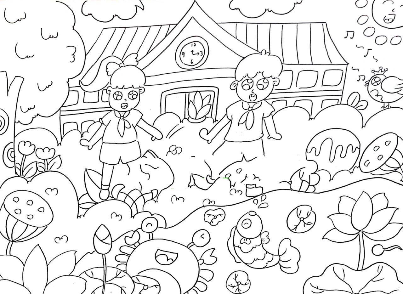 校园主题画,美丽校园画,快乐童年画