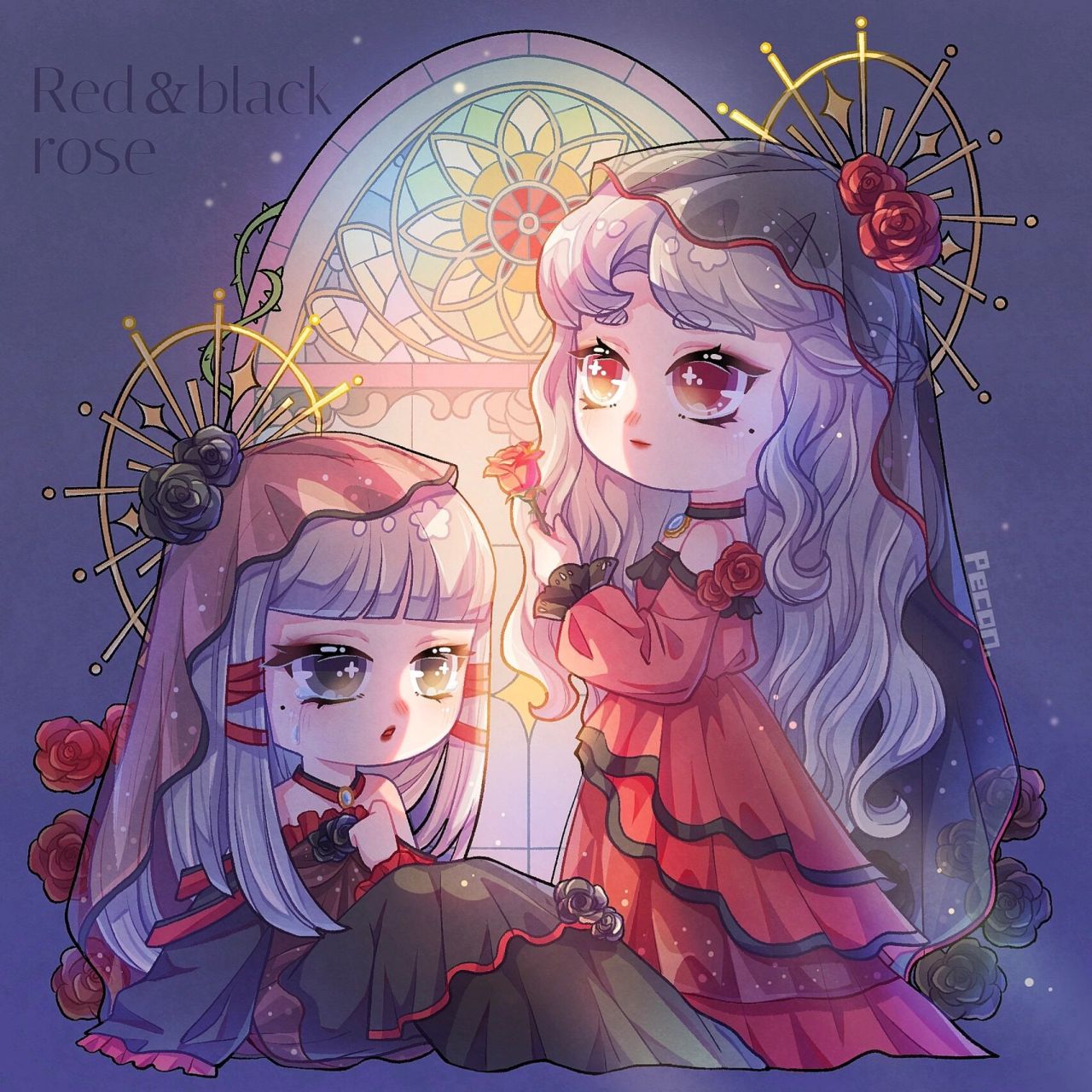 花朵拟人|q版|红&黑玫瑰 红玫瑰和黑玫瑰的q版拟人来啦 这张疯狂肝哇