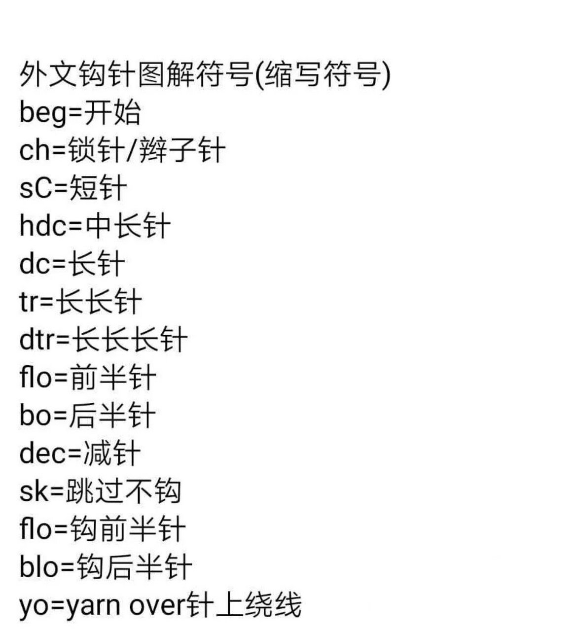 发给大家参考~前四张为钩针字母缩写对照表,后两张为棒针缩写对照表