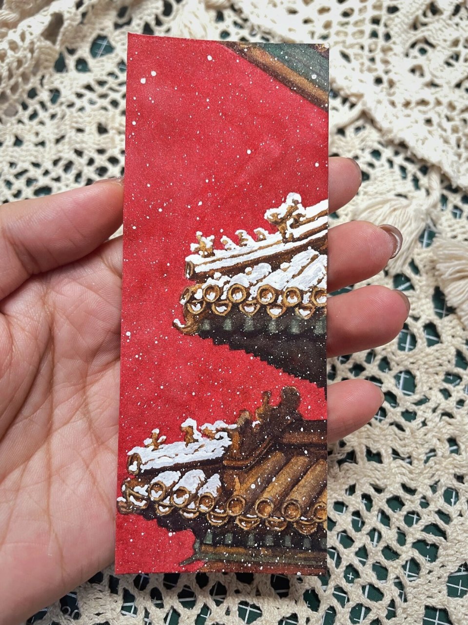 原创水彩手绘故宫雪景书签 现货书签  可打孔挂流苏 月中挣扎一下