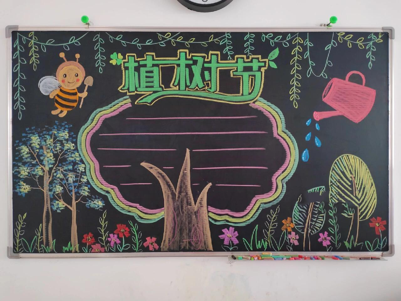 粉笔画|植树节黑板报(附绘画过程图)