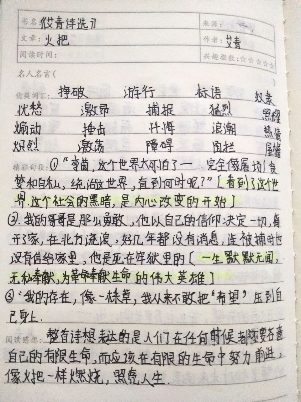 《艾青诗选》读书笔记,火把.城市人. 九年级上册必读书目笔记.