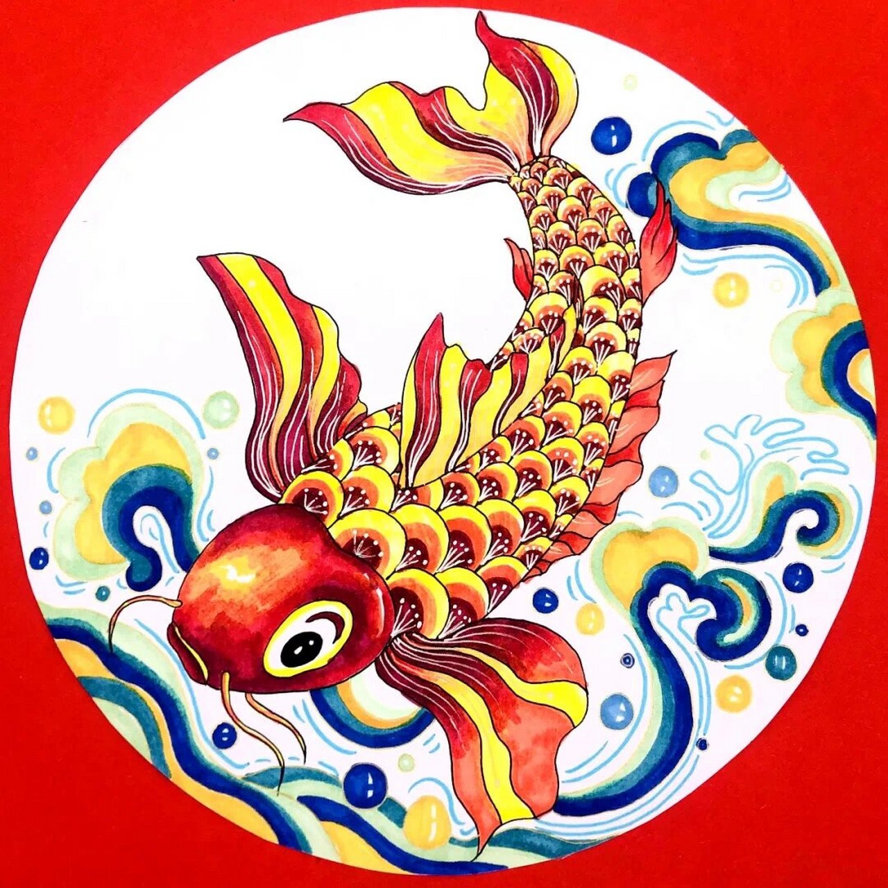 创意美术儿童画《锦鲤》 马克笔上色哦