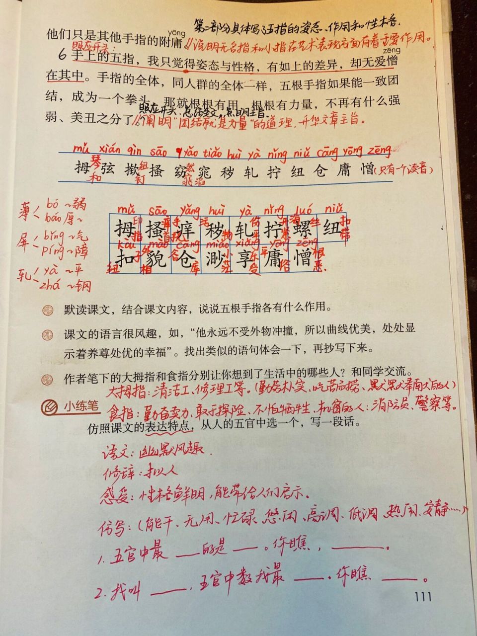 部编版语文五下《手指》课堂笔记