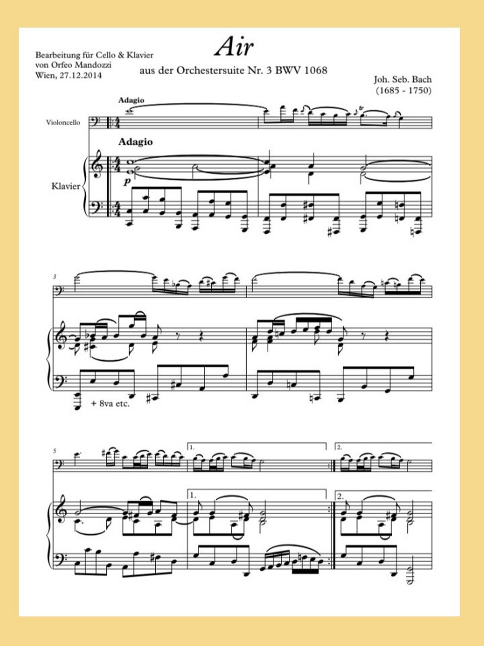 g弦上的咏叹调大提琴 钢琴伴奏谱 巴赫 air  g弦上的咏叹调