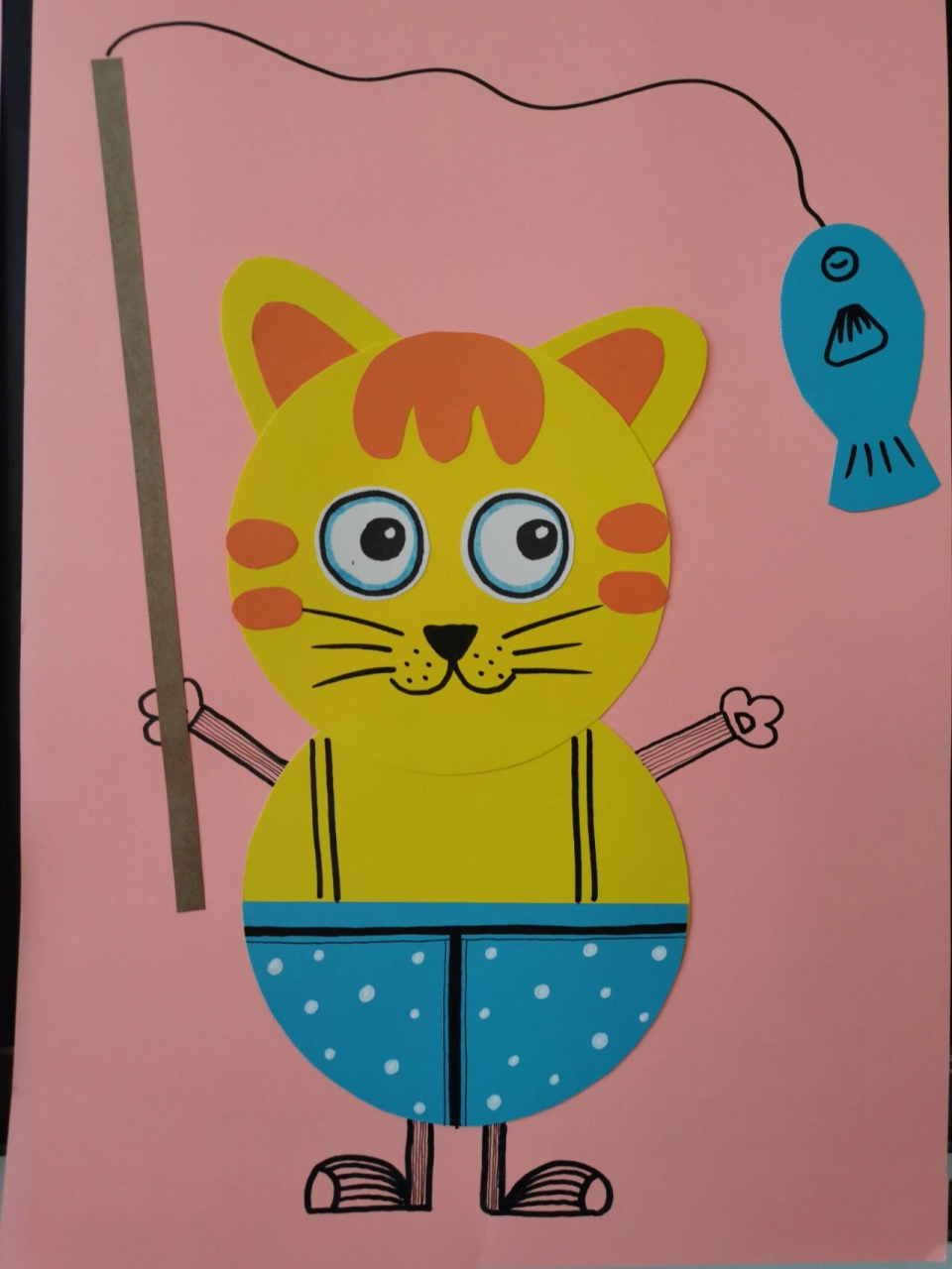 二年级剪纸拼贴画～小猫钓鱼