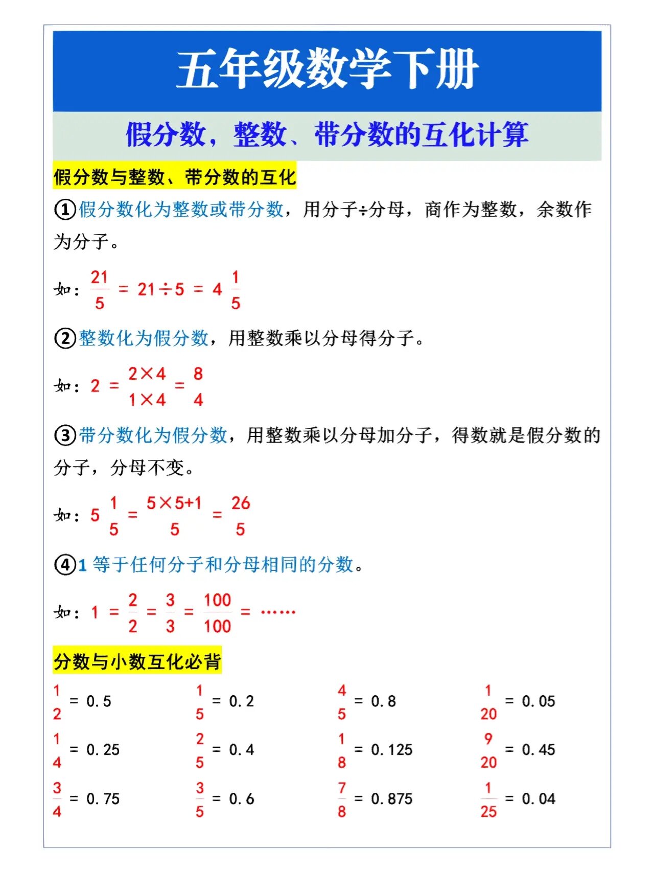 五年级数学下册假分数,整数,带分数的互化