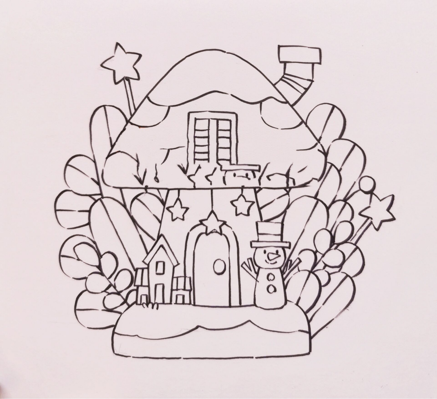 蘑菇房儿童画 蘑菇房下雪了,门口堆了雪人,旁边满是多彩的植物.