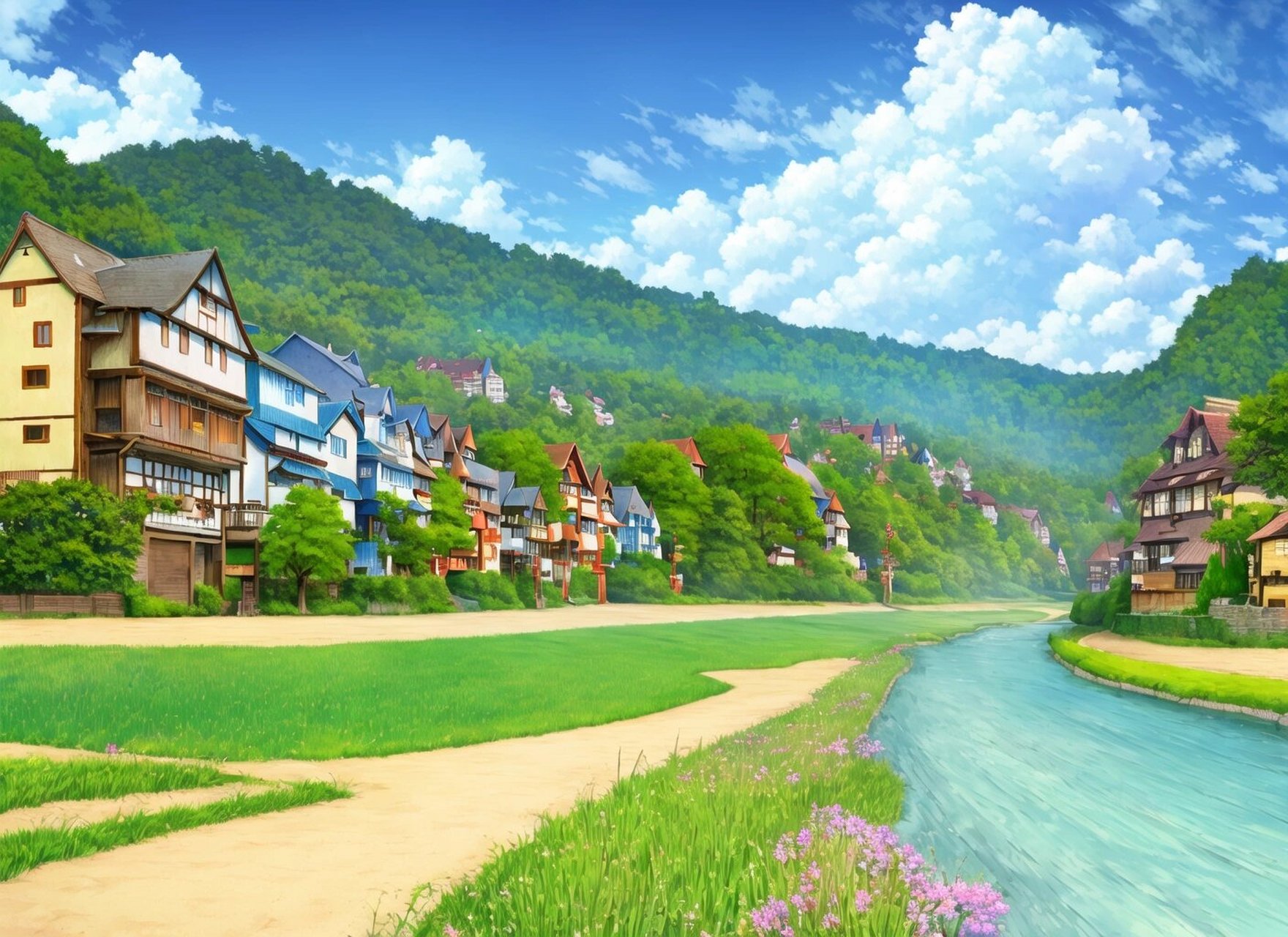 美丽的乡村田园生活 明媚阳光,绿色的草坪,弯弯曲曲的小河,远处的山脉