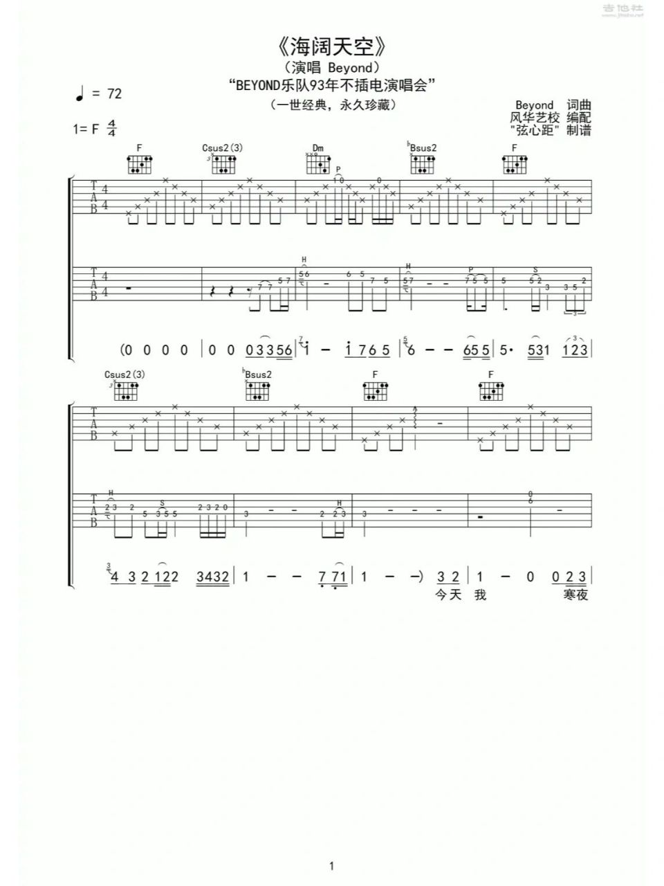 海阔天空不插电版本吉他谱马来西亚版