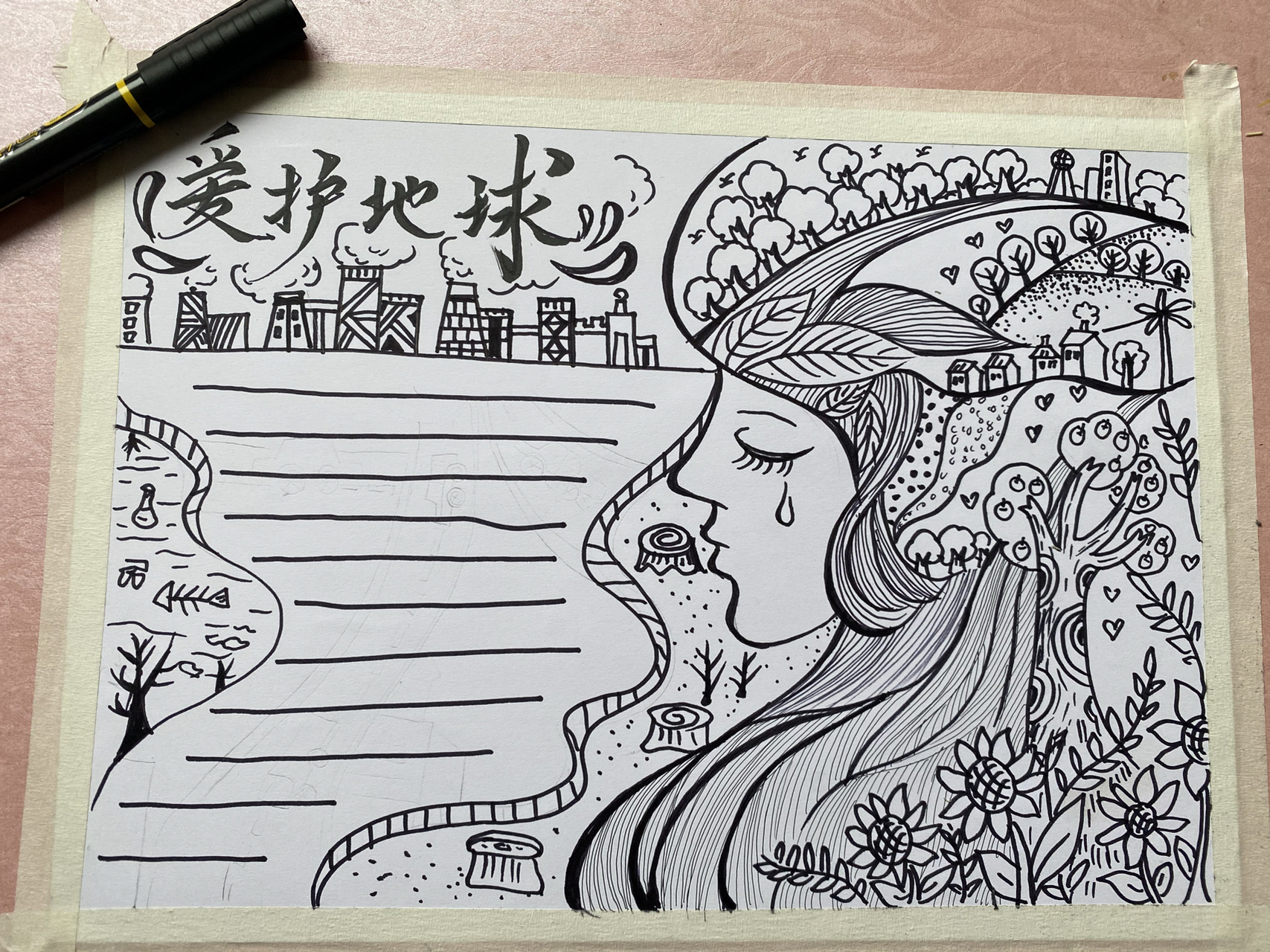 95手抄报|世界地球日 保护环境 95作品名称:让地球妈妈不再哭泣