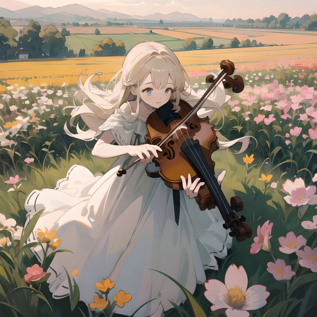 头像|少女与小提琴 在花田里拉小提琴的女孩