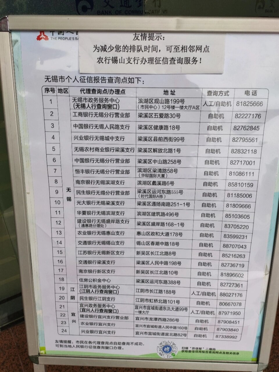 无锡可以打"征信报告"的银行网点!