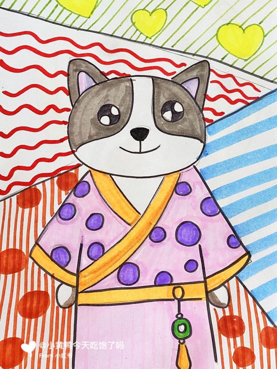 古风猫儿童画 #马克笔# #卡通画# #儿童画# #猫咪创意画