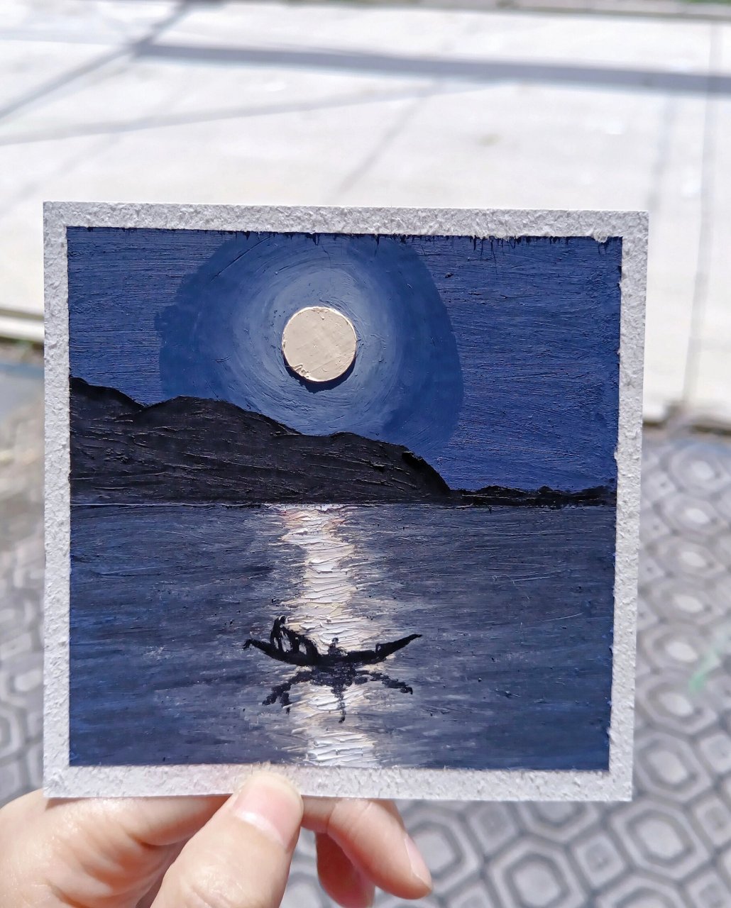油画棒绘画风景画——月下小船 今夜的梦 带你坐上月亮小船 去看满湖