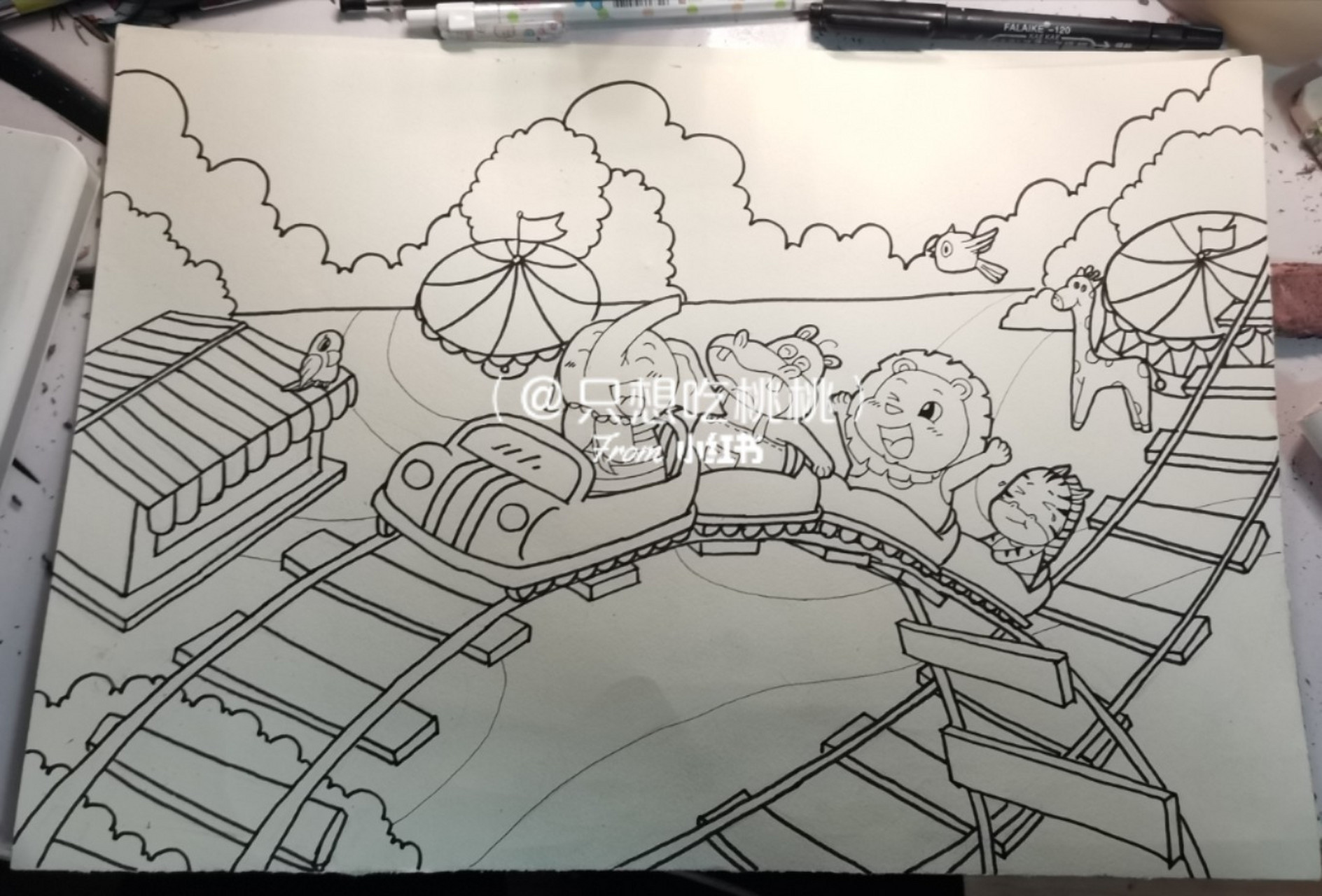 游乐园简笔画 熬夜画了一副游乐园主题儿童画 (17ò 66 ó17)