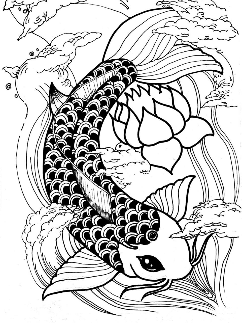 锦鲤|黑白线描绘画|含步骤原创 黑白线描95|锦鲤 儿童成人均可绘画