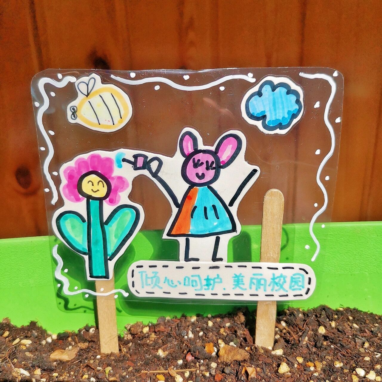 幼儿园植物角标语 幼儿自己绘画植物角标语,进行过塑 后边贴上冰糕棍