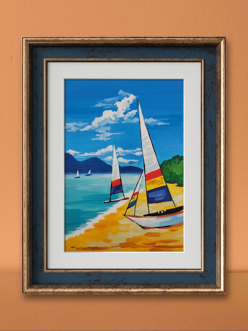 水粉丙烯风景画《海边帆船》 我想静静的呆在海边,吹着海风,看着日落