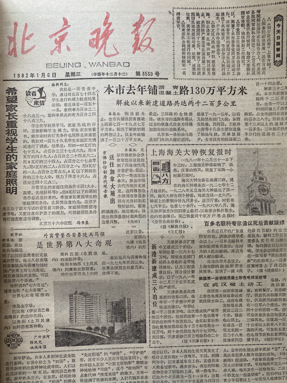 80年代老报纸 1982年1月6日 北京晚报 怀旧 1982年就关心对学生在家的