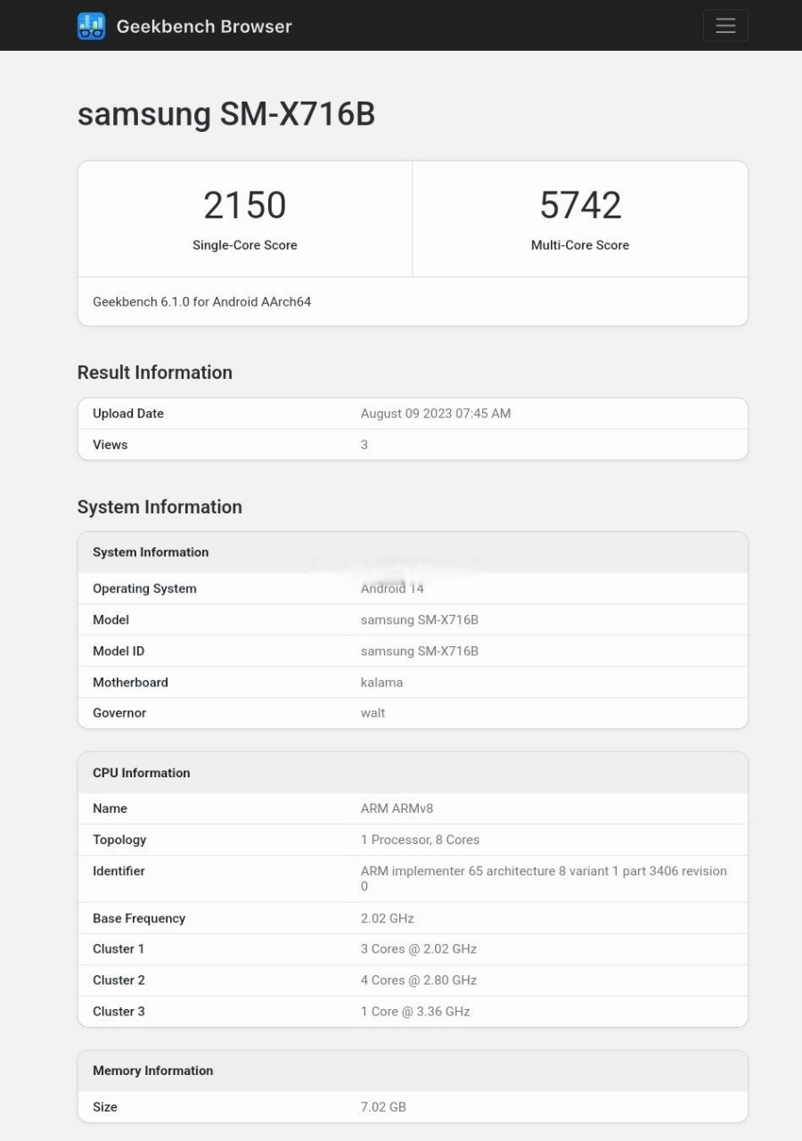 三星galaxy tab s9 5g geekbench 6测试成绩来了,运行基于android 14