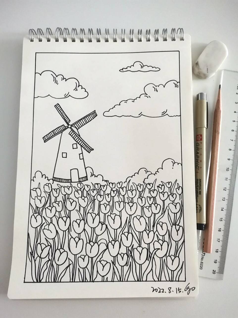 郁金香花海风景简笔画场景画法-原创76