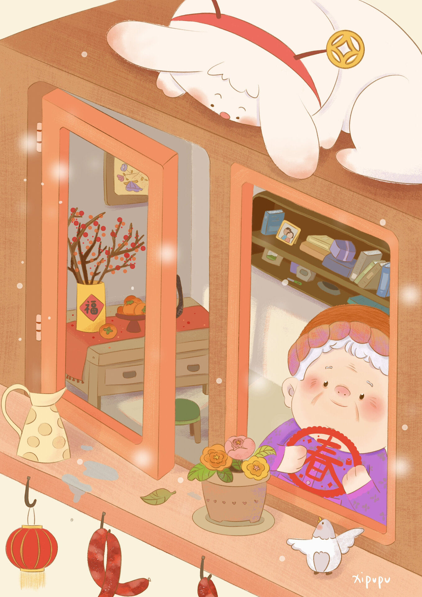 05春节插画~奶奶盼你回家过年9199