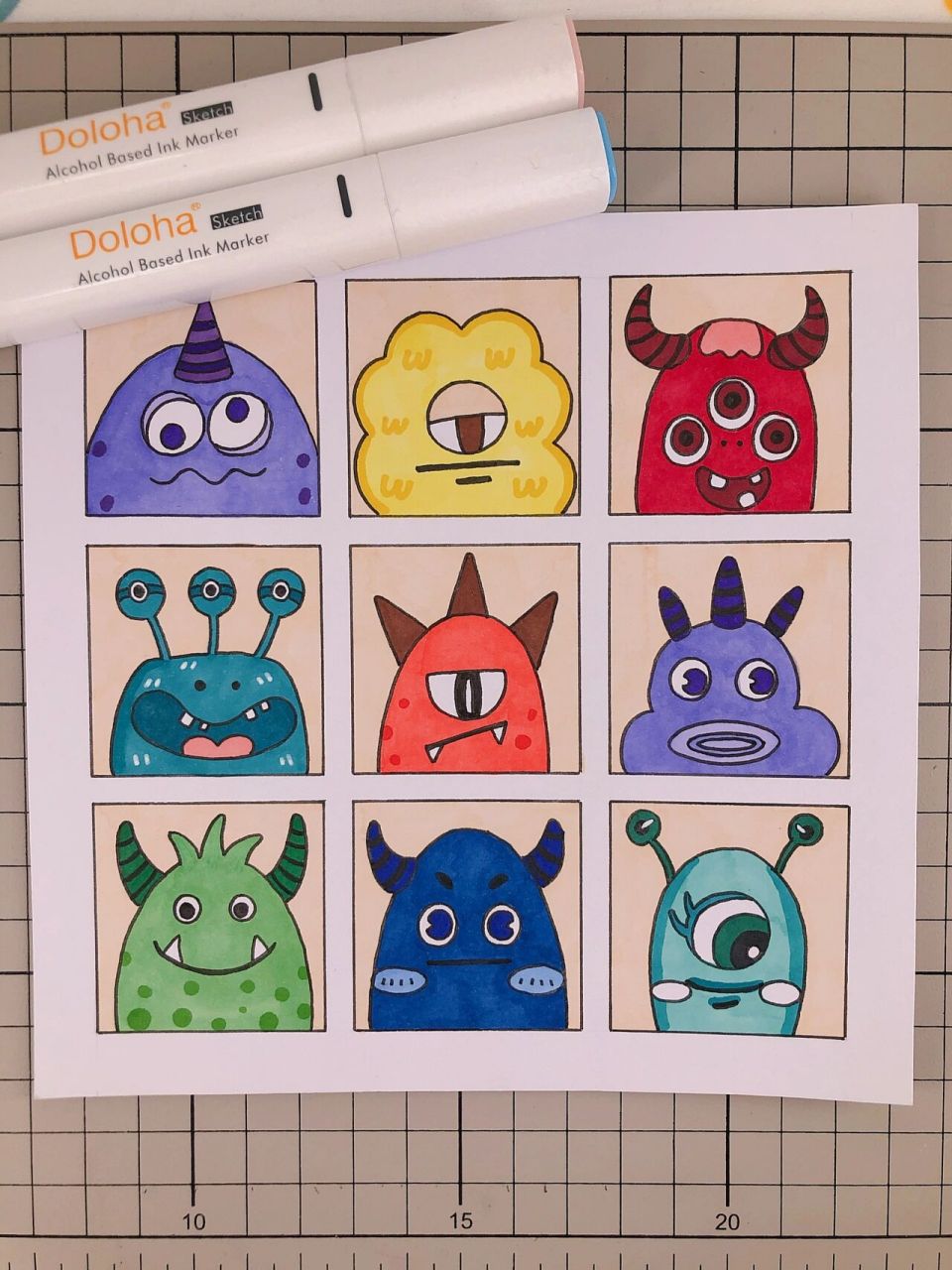 第237幅|小怪兽九宫格卡通画,简笔画. 马克笔:多乐绘128色.