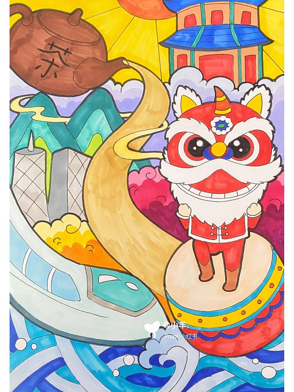 舞狮主题画 美育岭南 儿童创意画 9615线稿 #创意美术儿童画