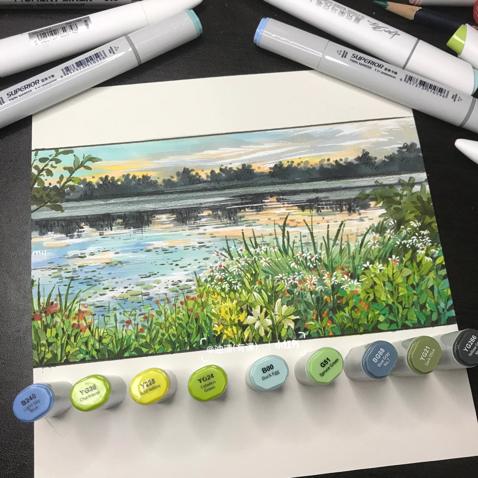 马克笔风景 湖边绿色