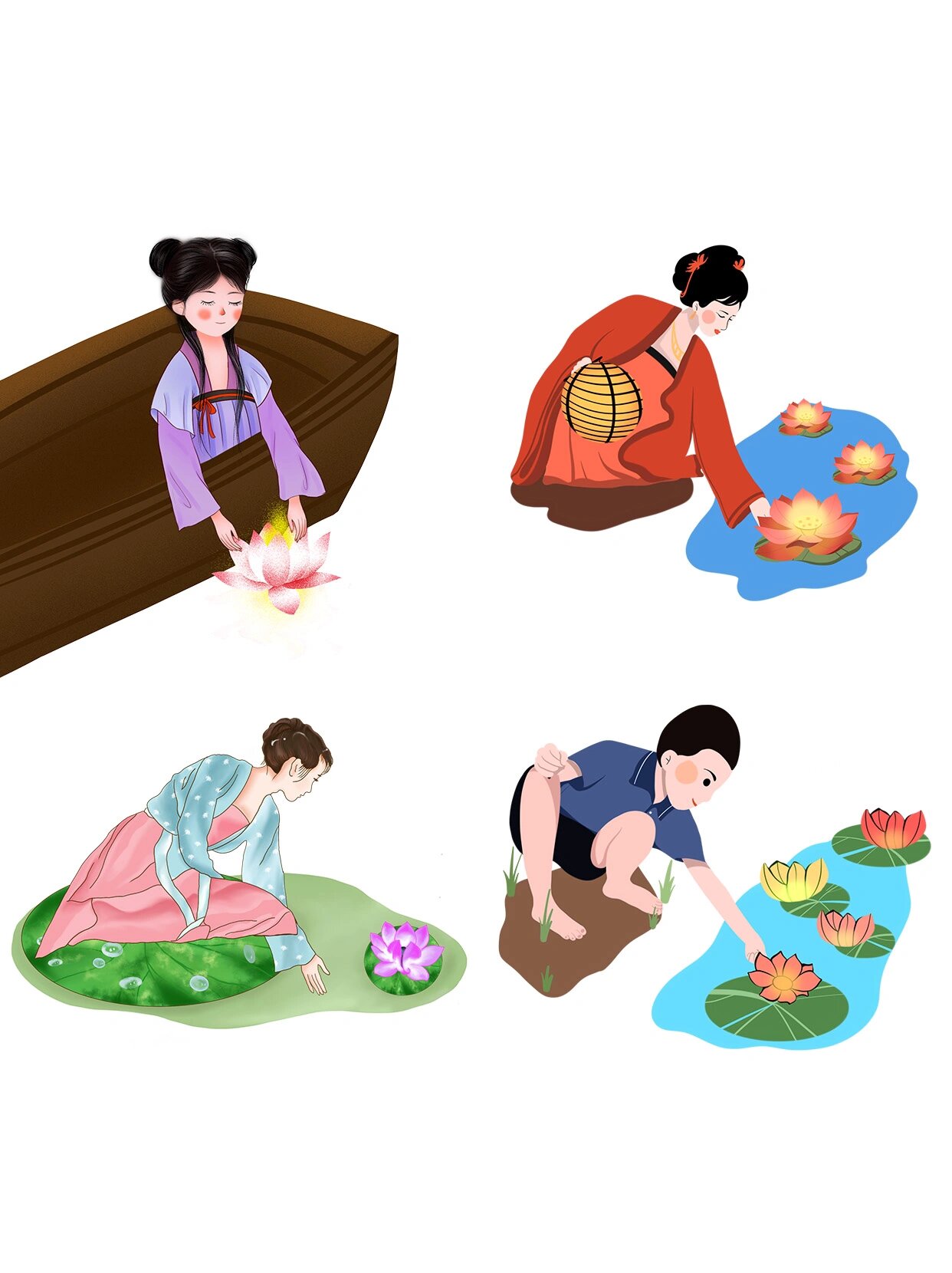 免抠素材08中元节祭拜丨放河灯卡通插画 中元节,在每年农历七月十五