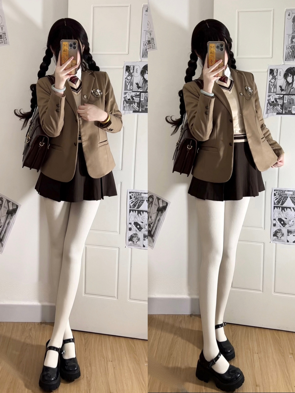 178/128 麻衣学姐穿搭配白丝～ 好喜欢这一套咖色jk套装 搭配白丝学院