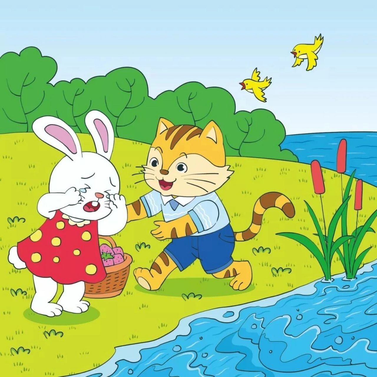 看图写话 小白兔过河 雨后初晴的一天,小白兔提着满满一篮子草莓,准备