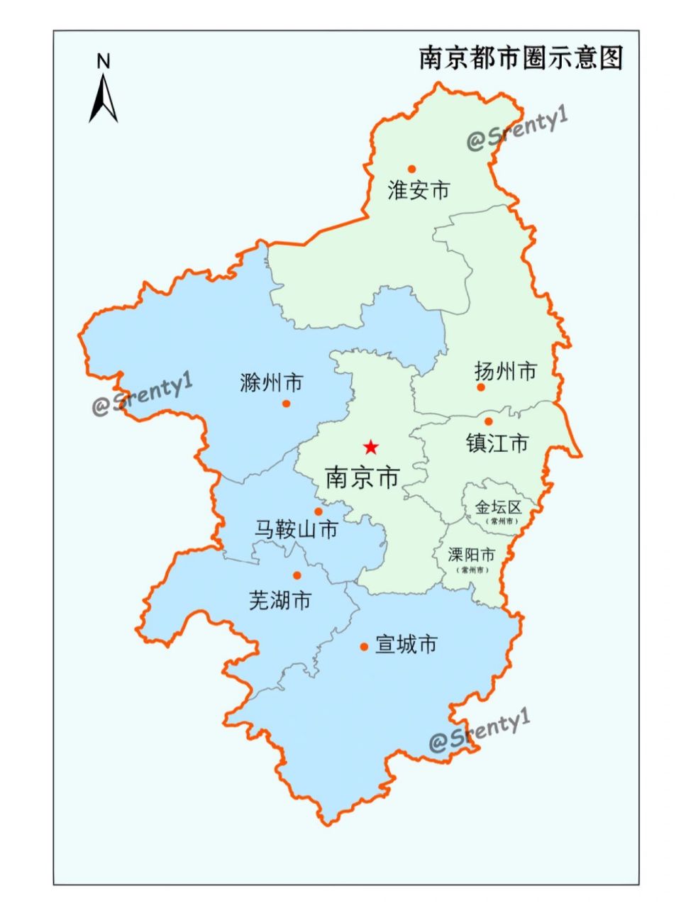 南京都市圈示意图 南京都市圈位于中国东部,长江中下游沿江城市地带